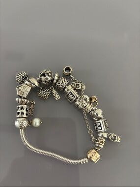 Pandora Sterling Silver Charm Bracelet with Pearl and Gold Accent Bead